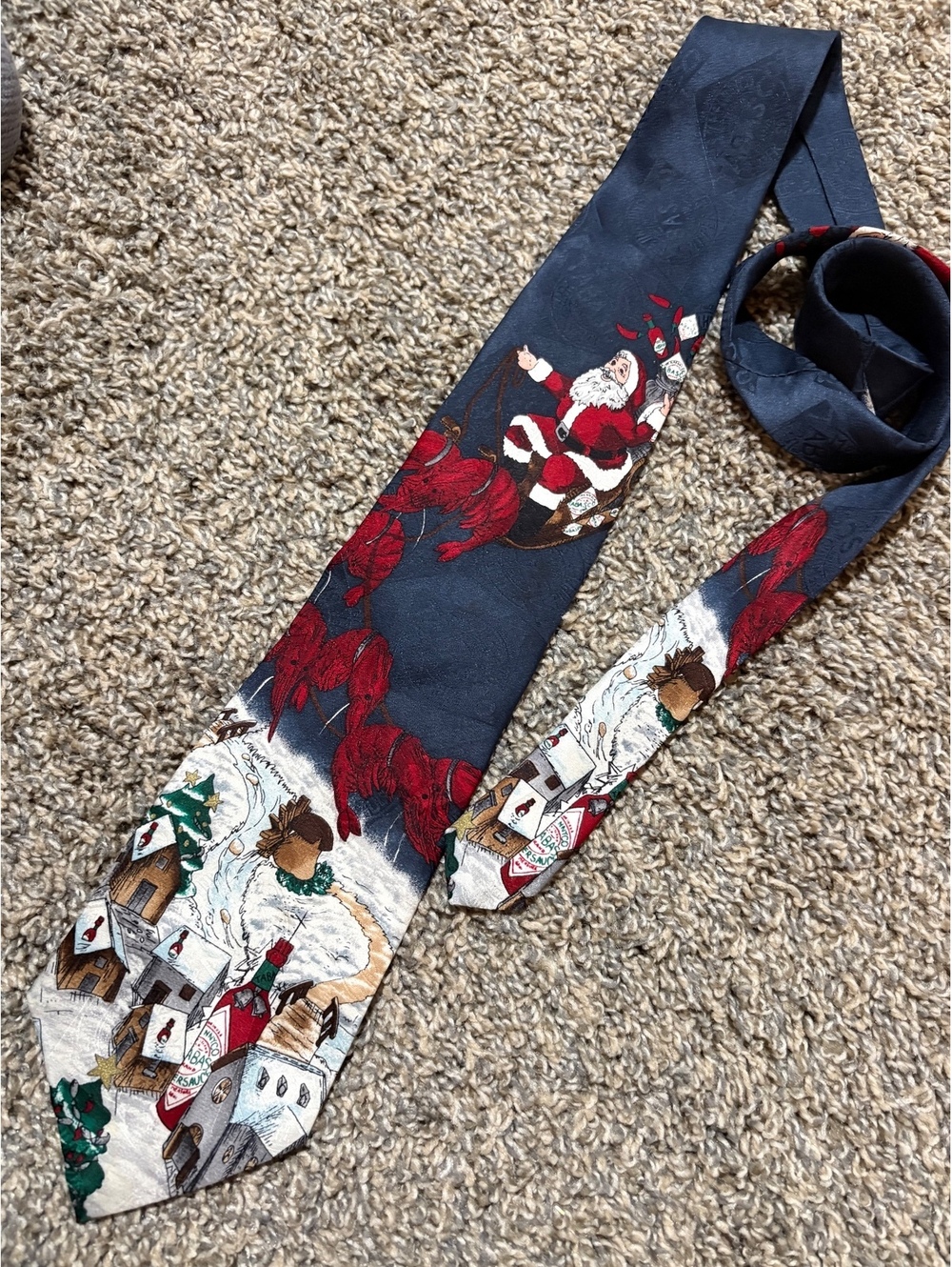 Tabasco Lobster 100% Silk Christmas Holiday Tie with Santa and Village Scene